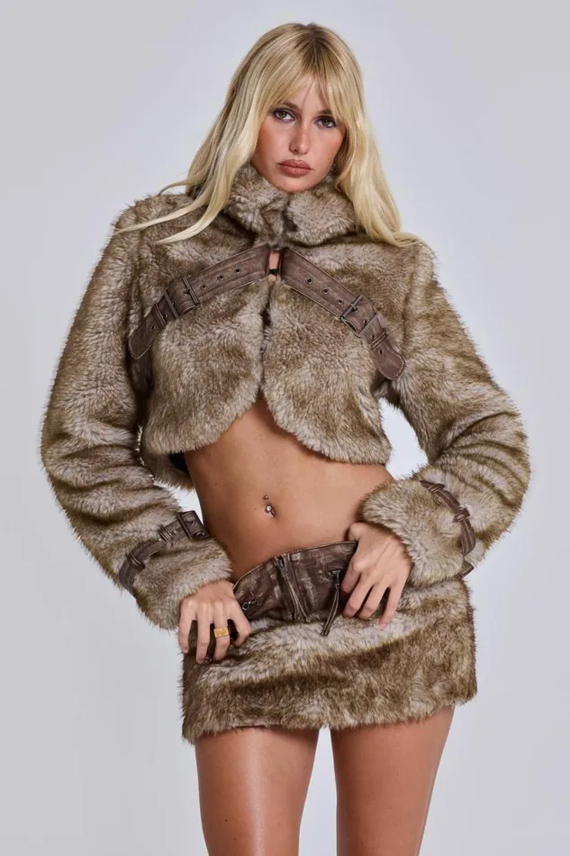 Jaded London Jackets Women Raven Faux Fur and Leather Crop Jacket Brown