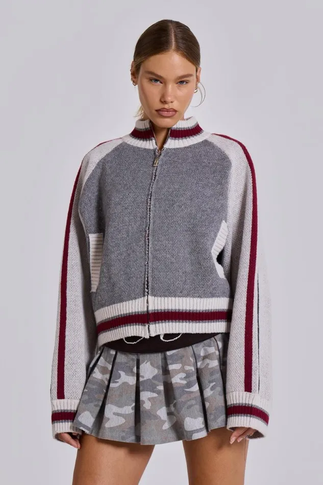 Jaded London Jackets Women Team 85 Knitted Bomber Jacket Grey