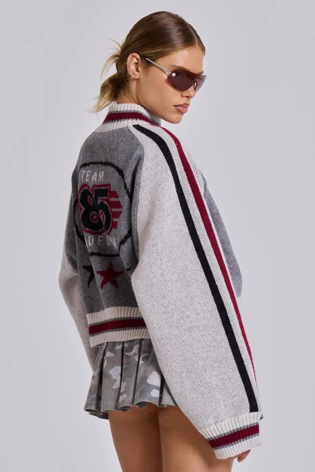 Jaded London Jackets Women Team 85 Knitted Bomber Jacket Grey