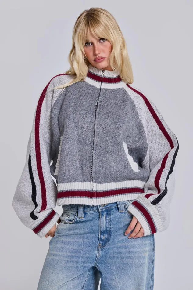 Jaded London Jackets Women Team 85 Knitted Bomber Jacket Grey