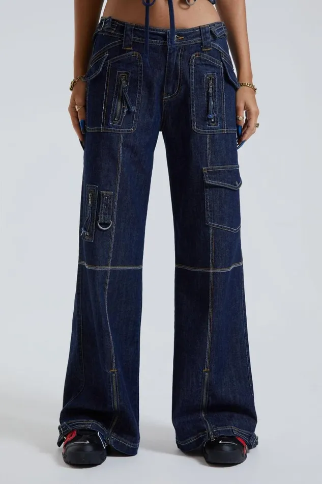 Jaded London Jeans Women Hudson Indigo Denim Wash Cargo Jeans Blue