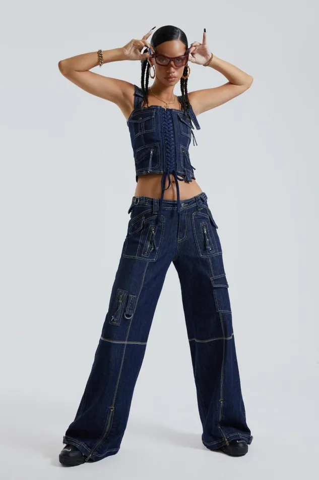 Jaded London Jeans Women Hudson Indigo Denim Wash Cargo Jeans Blue