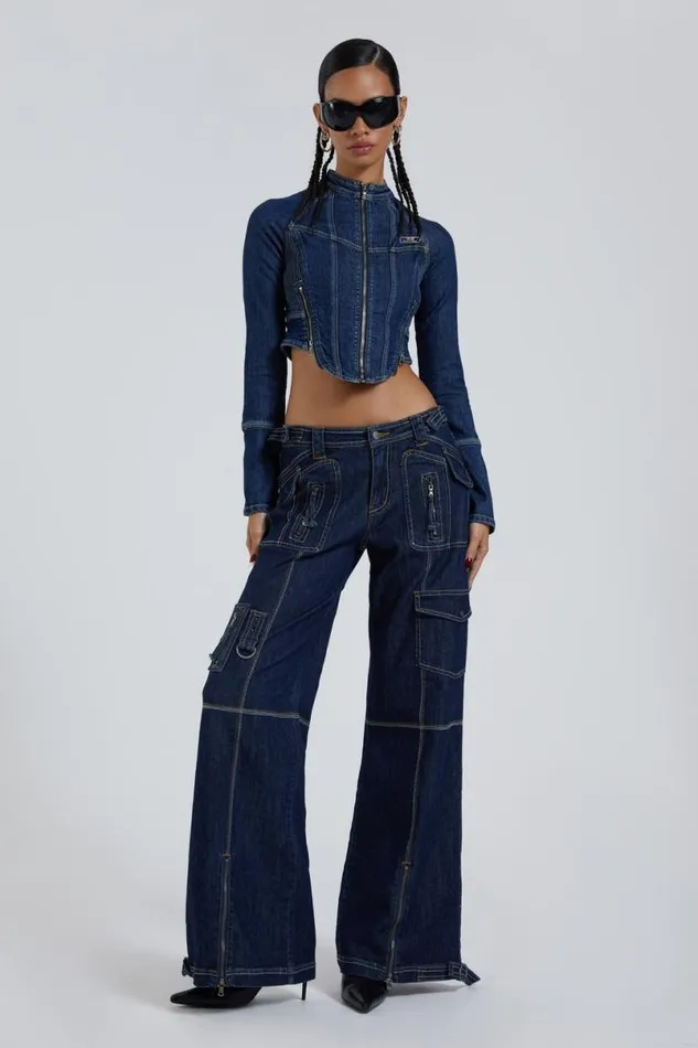 Jaded London Jeans Women Hudson Indigo Denim Wash Cargo Jeans Blue