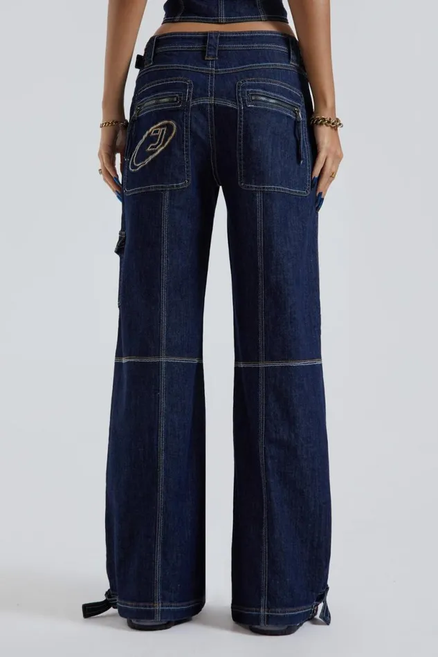 Jaded London Jeans Women Hudson Indigo Denim Wash Cargo Jeans Blue