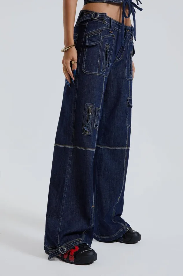 Jaded London Jeans Women Hudson Indigo Denim Wash Cargo Jeans Blue