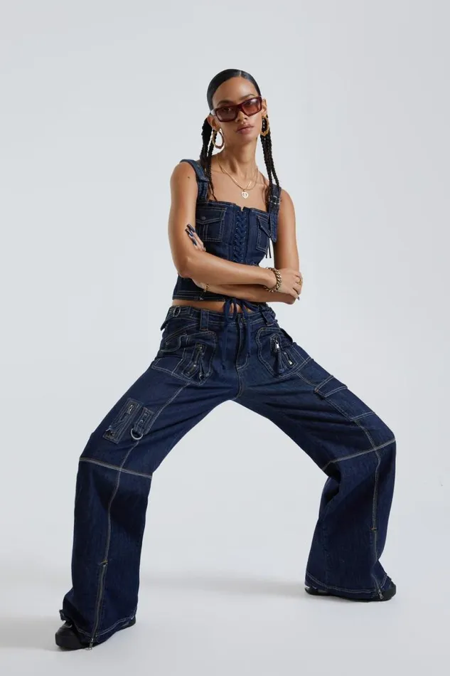 Jaded London Jeans Women Hudson Indigo Denim Wash Cargo Jeans Blue