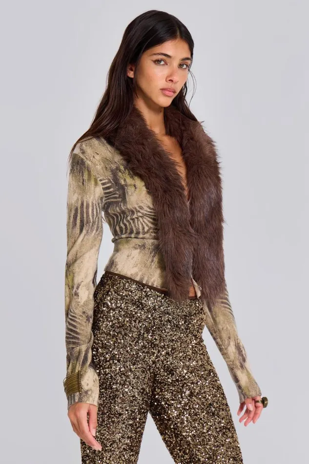 Jaded London Long Sleeve Tops Women Tana Fur Trim Cardigan Multi