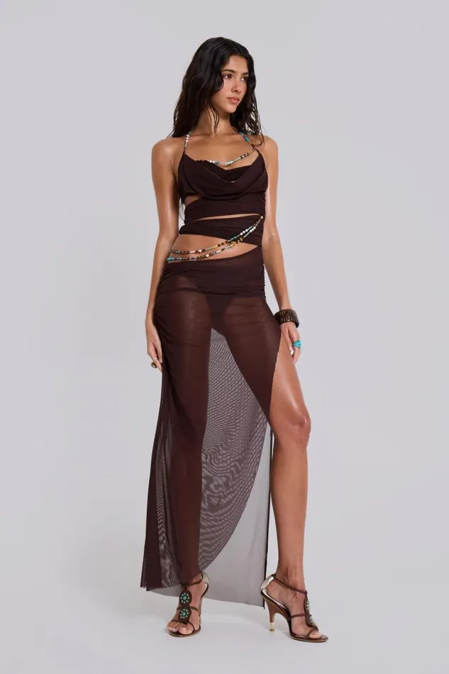 Jaded London Maxi Dresses Women Arlea Draped Maxi Dress With Beaded Trim Brown