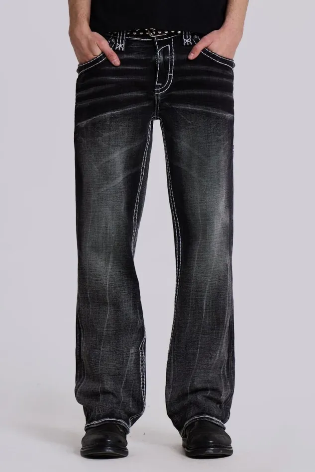 Jaded London SlimStraight Jeans Men Rock Revival Washed Black Gwen Bootcut Jeans Black