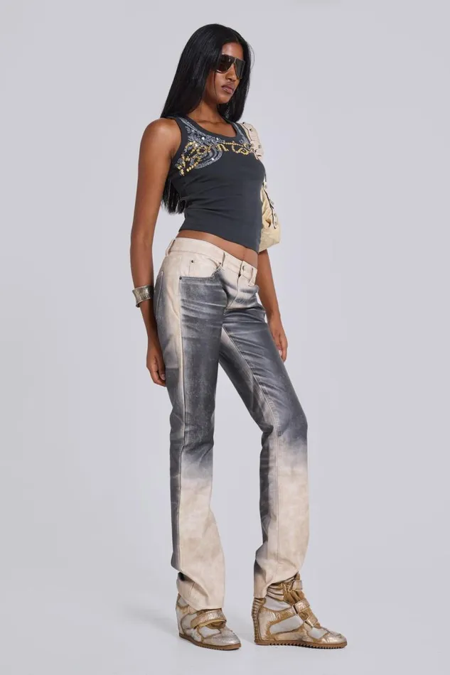 Jaded London SlimStraight Jeans Women Airbrush Faux Leather Trousers Blackcream