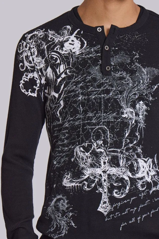 Jaded London TShirts and Vests Men Anointed Black Waffle Henley TShirt Black