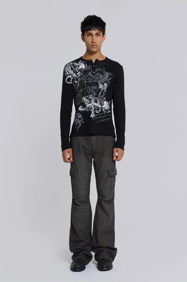 Jaded London TShirts and Vests Men Anointed Black Waffle Henley TShirt Black