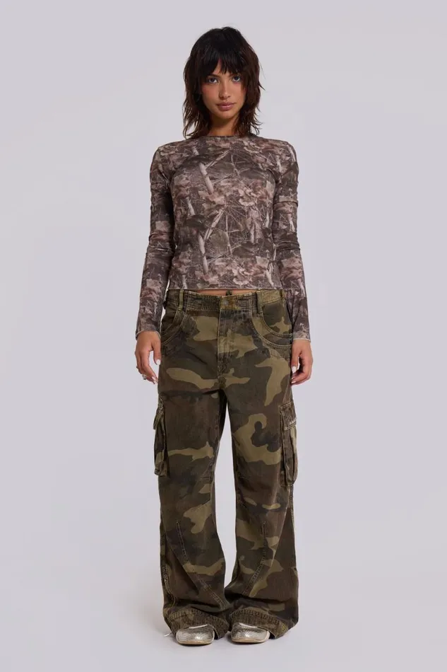 Jaded London Unisex UnisexWomen Trooper Camo Cargo Pant Khaki