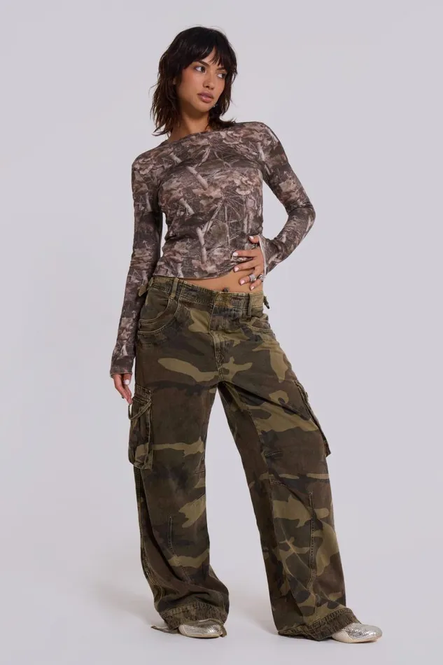 Jaded London Unisex UnisexWomen Trooper Camo Cargo Pant Khaki