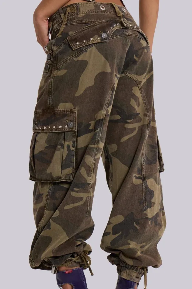 Jaded London Unisex UnisexWomen Trooper Camo Cargo Pant Khaki