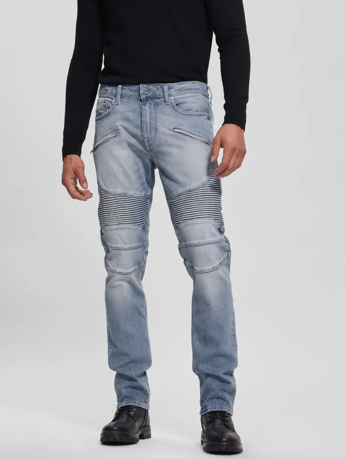 Jeans and Denim GUESS Men Tapered Pintuck Moto Jeans Bright Sky