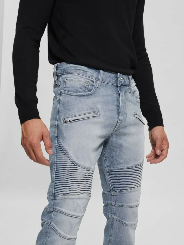 Jeans and Denim GUESS Men Tapered Pintuck Moto Jeans Bright Sky Jeans and Denim GUESS Men Tapered Pintuck Moto Jeans Bright Sky