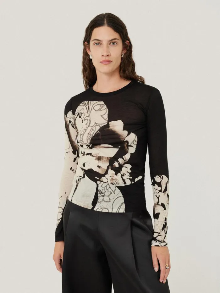 Jigsaw Collage Print Long Sleeve Top Black Women Shirts and Tops