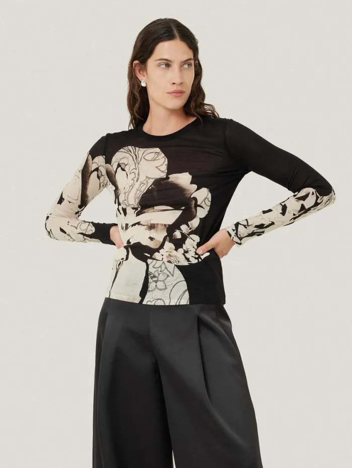 Jigsaw Collage Print Long Sleeve Top Black Women Shirts and Tops