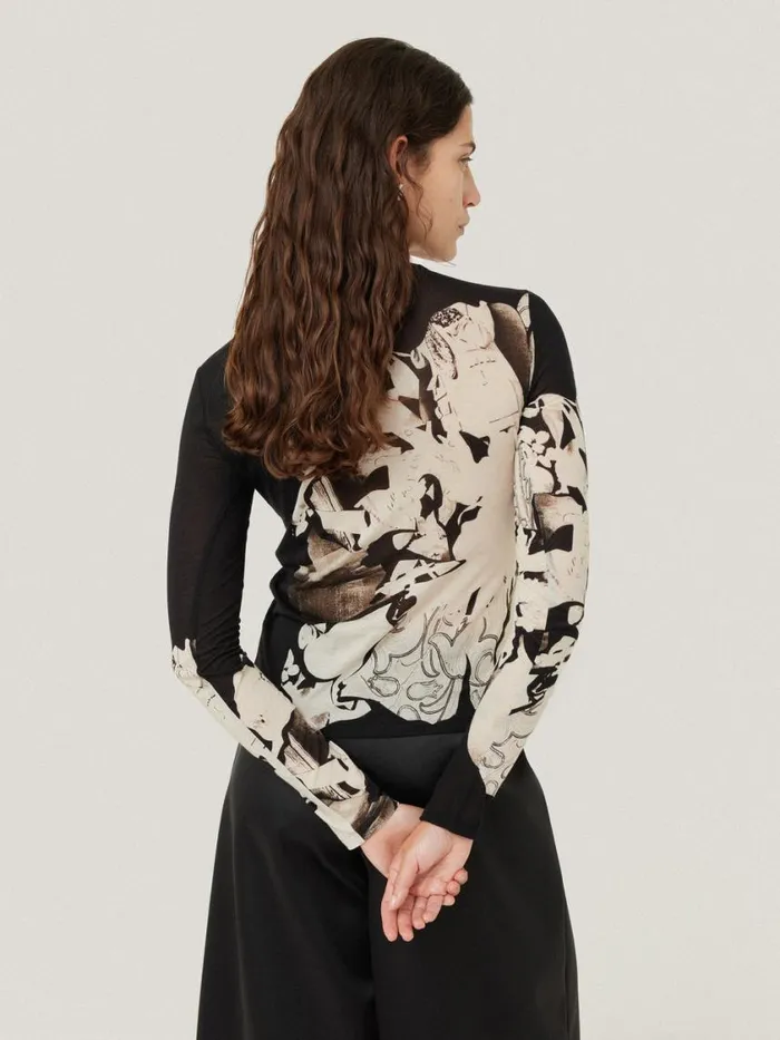 Jigsaw Collage Print Long Sleeve Top Black Women Shirts and Tops