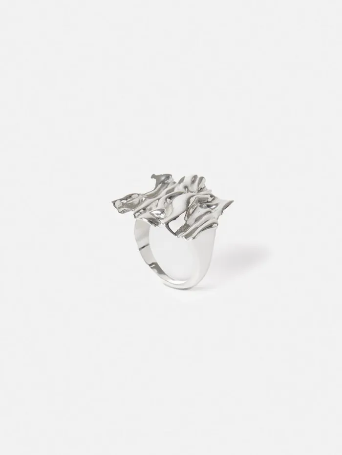 Jigsaw Crumpled Textured Ring Silver Women Jewellery