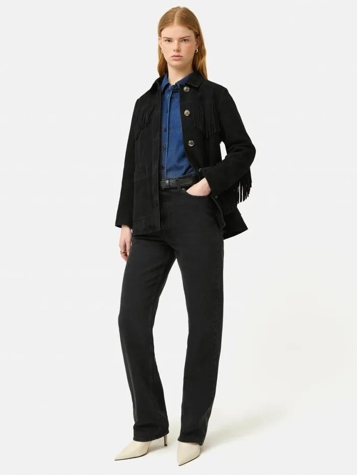 Jigsaw Fringed Suede Jacket Black Women Leather
