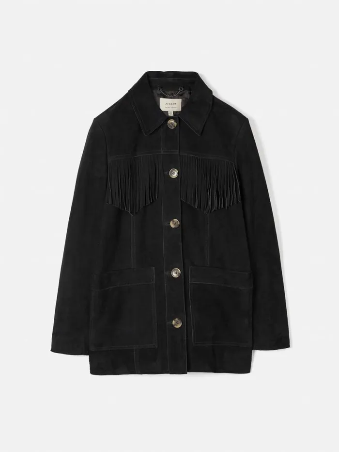 Jigsaw Fringed Suede Jacket Black Women Leather