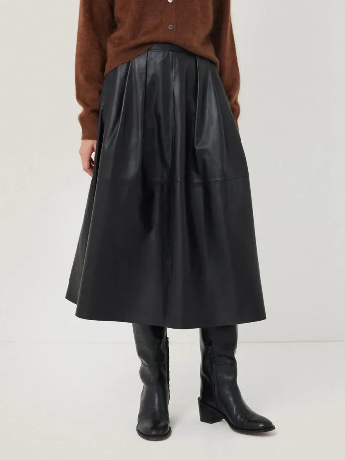 Jigsaw Leather Pleat Midi Skirt Black Women Skirts