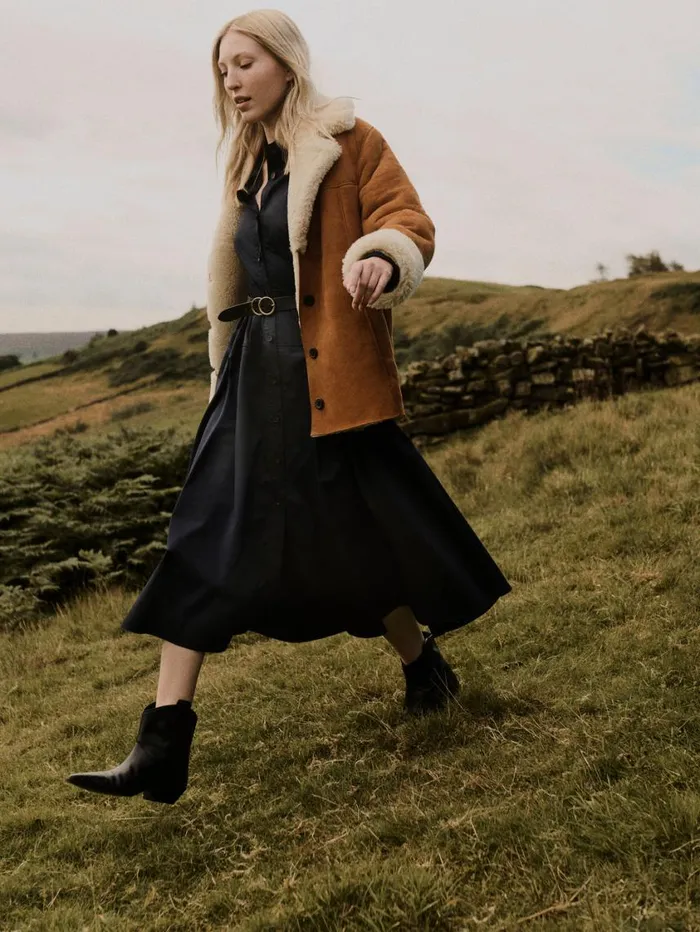 Jigsaw Merino Shearling Leather Coat Ginger Women Coats and Jackets