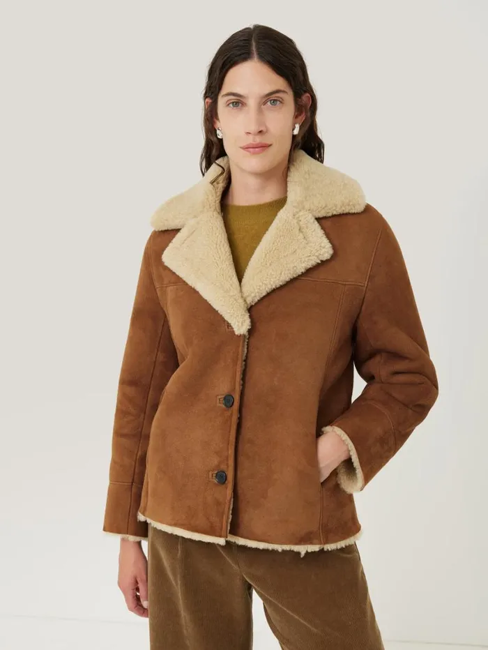 Jigsaw Merino Shearling Leather Coat Ginger Women Coats and Jackets