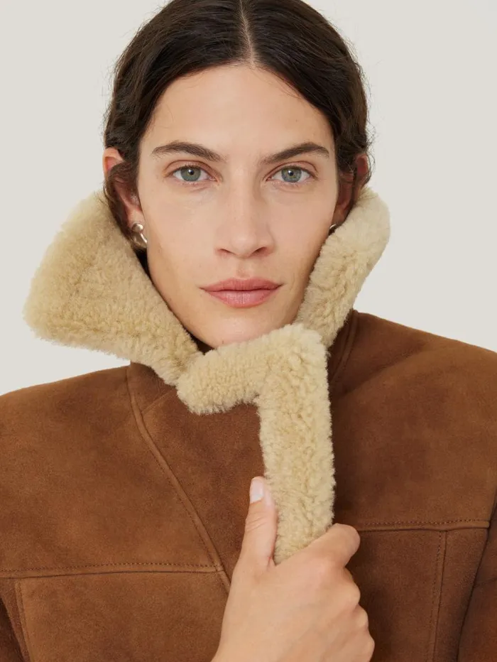 Jigsaw Merino Shearling Leather Coat Ginger Women Coats and Jackets