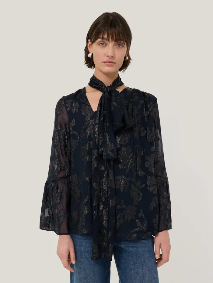 Jigsaw Metallic Jacquard Top Navy Women Shirts and Tops