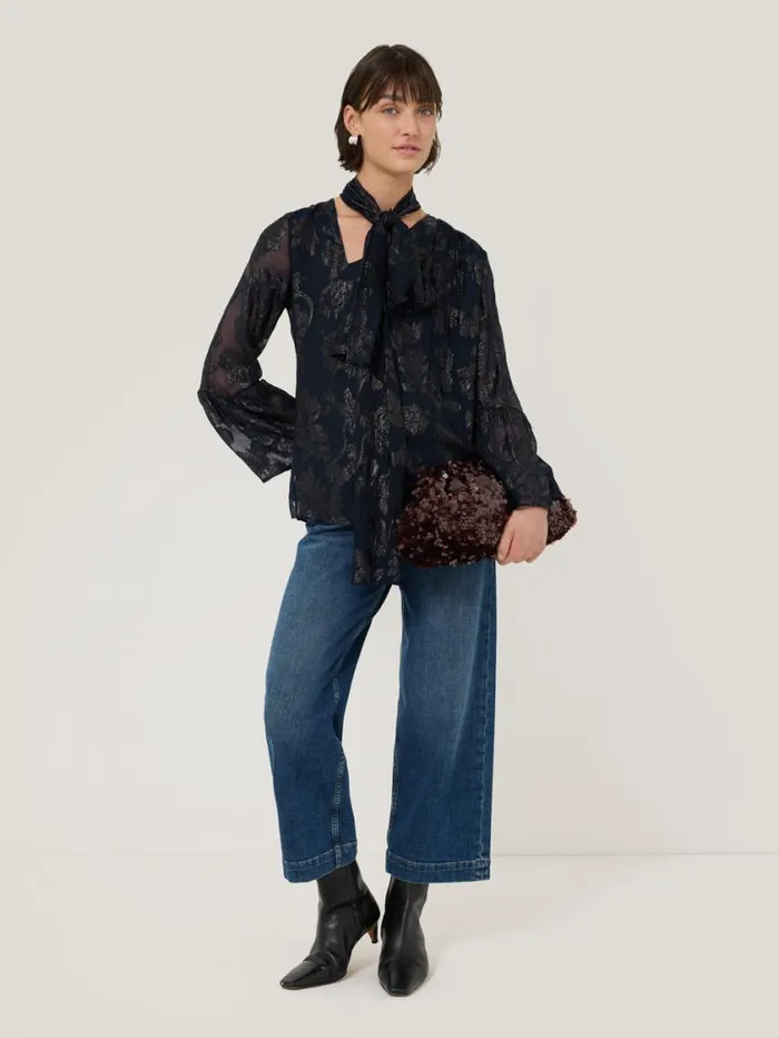 Jigsaw Metallic Jacquard Top Navy Women Shirts and Tops