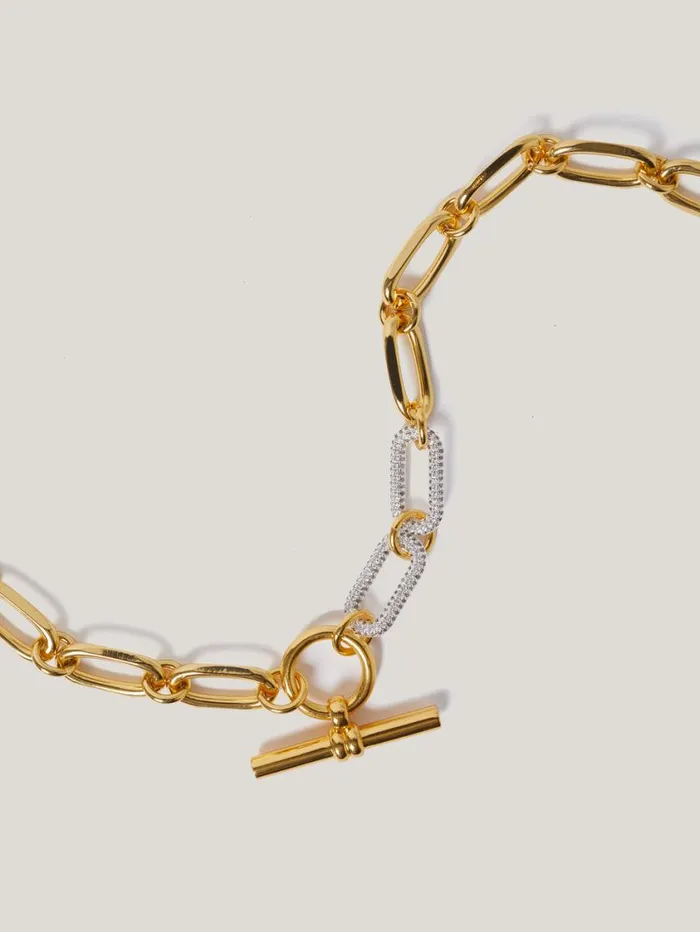 Jigsaw Pave Trombone Chain Necklace Gold Women Jewellery