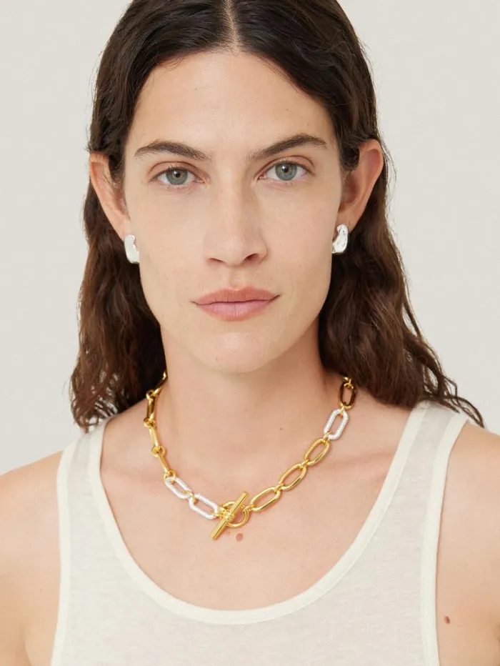 Jigsaw Pave Trombone Chain Necklace Gold Women Jewellery