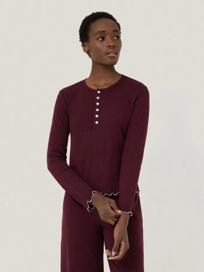 Jigsaw Pointelle Pyjama Henley Top Burgundy Women Pyjamas and Loungewear