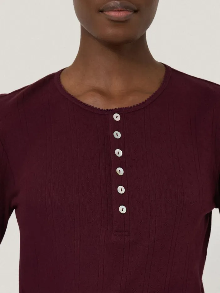 Jigsaw Pointelle Pyjama Henley Top Burgundy Women Pyjamas and Loungewear