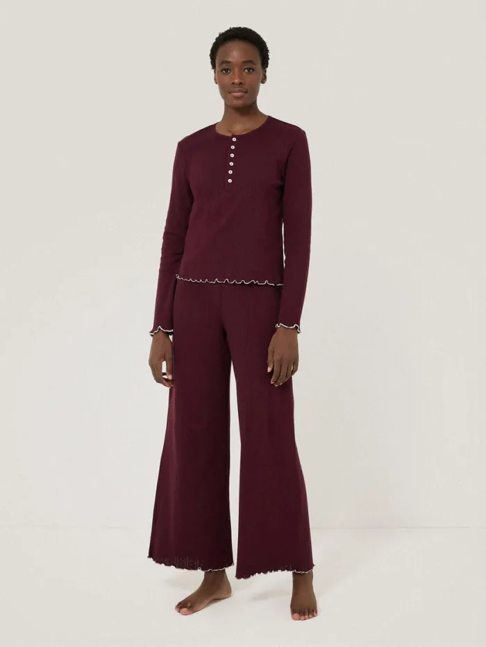 Jigsaw Pointelle Pyjama Henley Top Burgundy Women Pyjamas and Loungewear