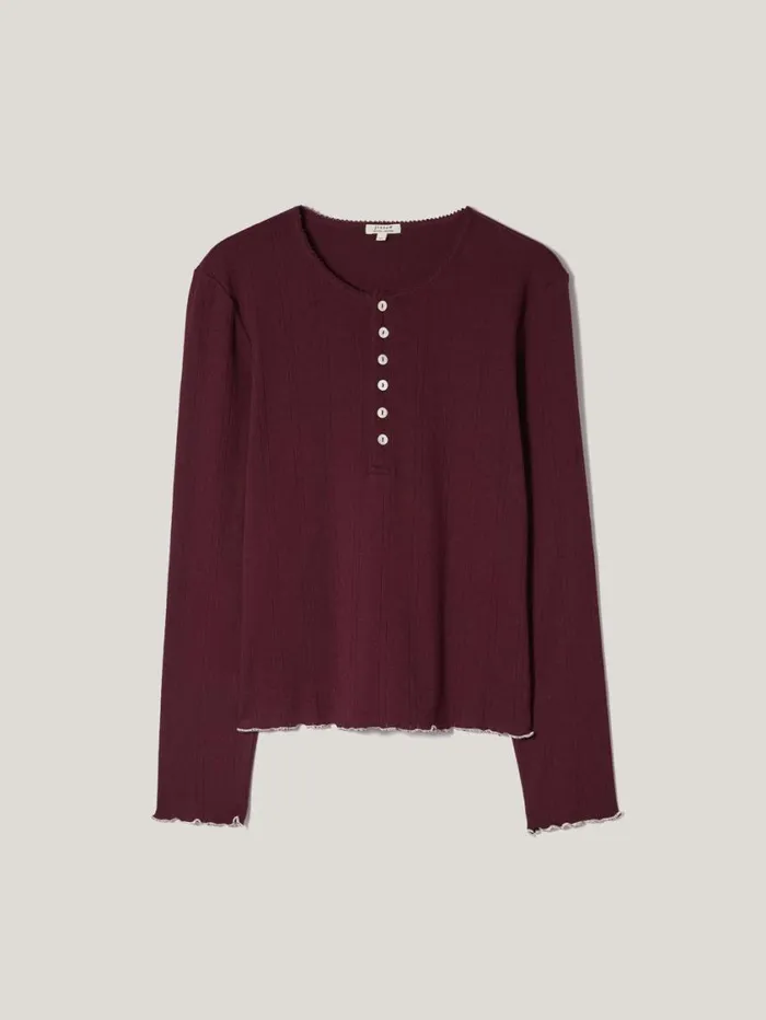 Jigsaw Pointelle Pyjama Henley Top Burgundy Women Pyjamas and Loungewear