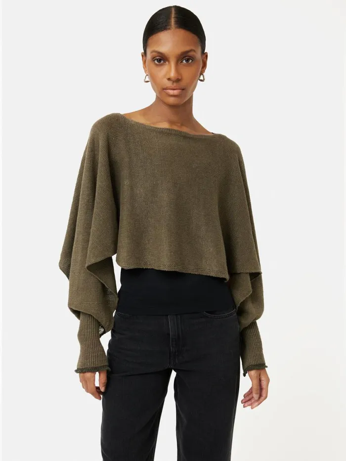 Jigsaw Pure Linen Poncho Sweater Khaki Women Ponchos and Scarves