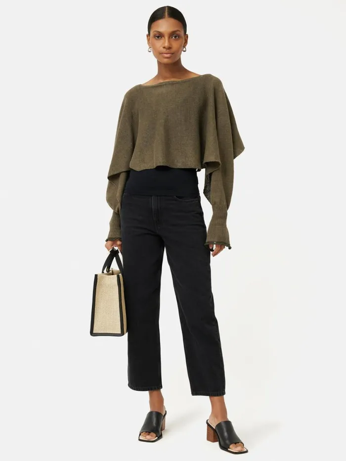 Jigsaw Pure Linen Poncho Sweater Khaki Women Ponchos and Scarves