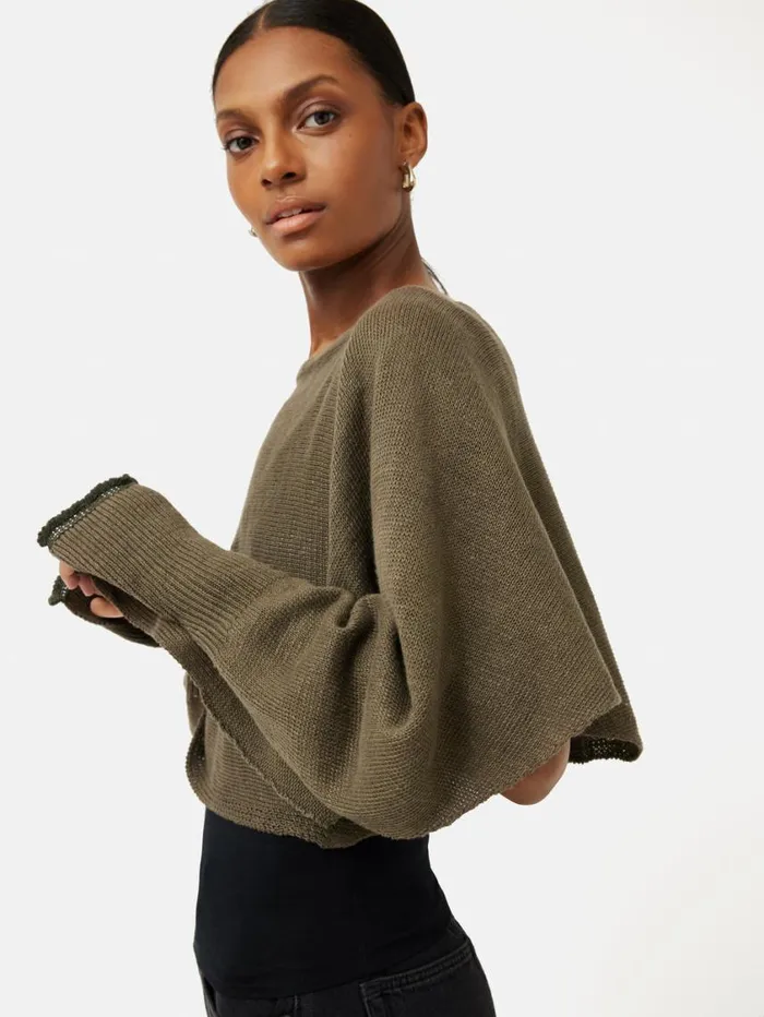 Jigsaw Pure Linen Poncho Sweater Khaki Women Ponchos and Scarves