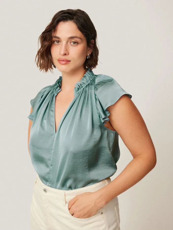 Jigsaw Recycled Satin Frill Neck Top Green Women Party
