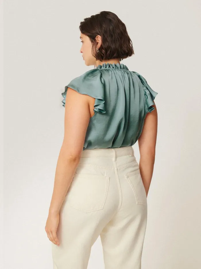 Jigsaw Recycled Satin Frill Neck Top Green Women Party