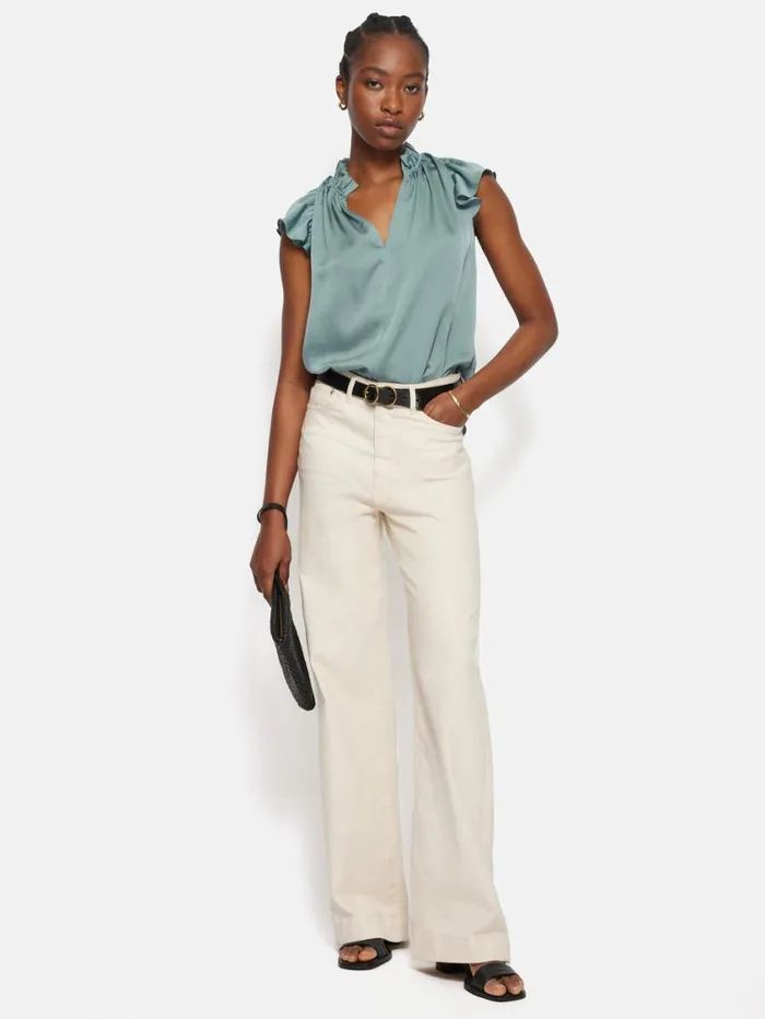 Jigsaw Recycled Satin Frill Neck Top Green Women Party