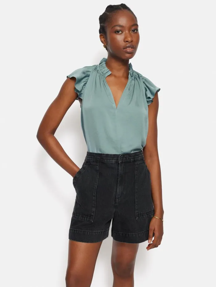 Jigsaw Recycled Satin Frill Neck Top Green Women Party