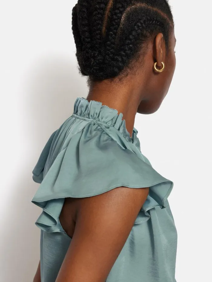 Jigsaw Recycled Satin Frill Neck Top Green Women Party