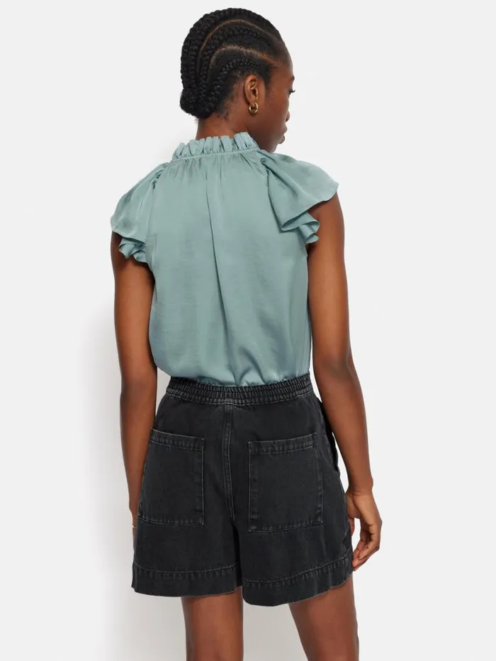 Jigsaw Recycled Satin Frill Neck Top Green Women Shirts and Tops