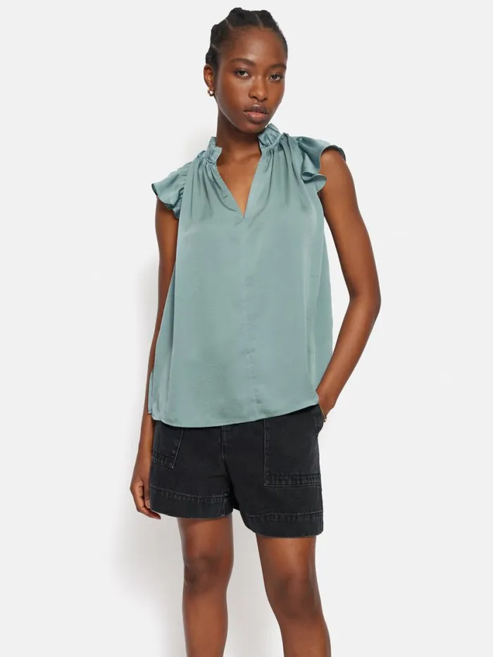Jigsaw Recycled Satin Frill Neck Top Green Women Shirts and Tops
