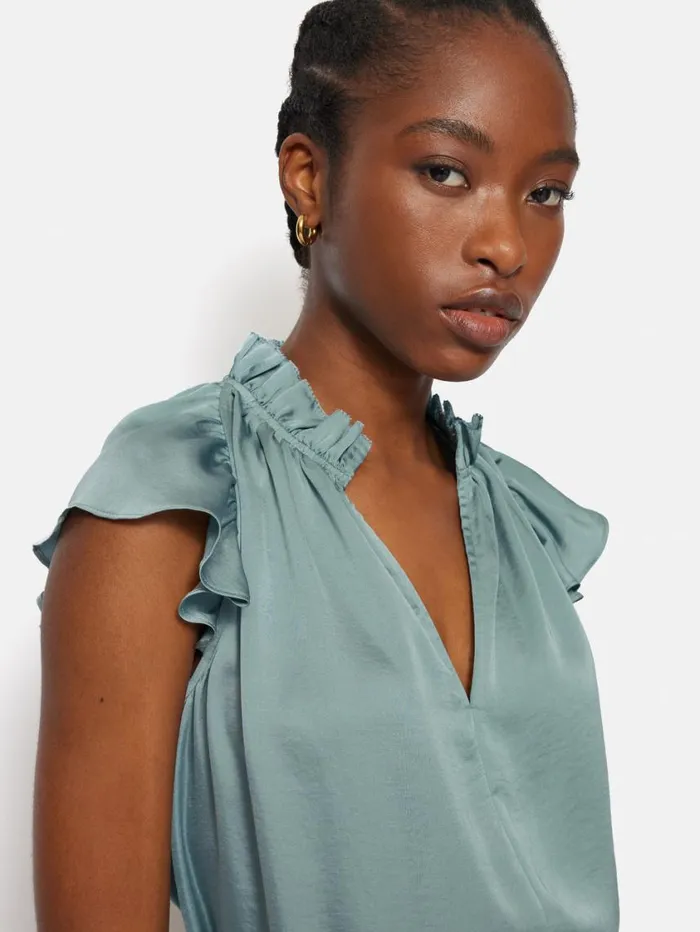 Jigsaw Recycled Satin Frill Neck Top Green Women Shirts and Tops